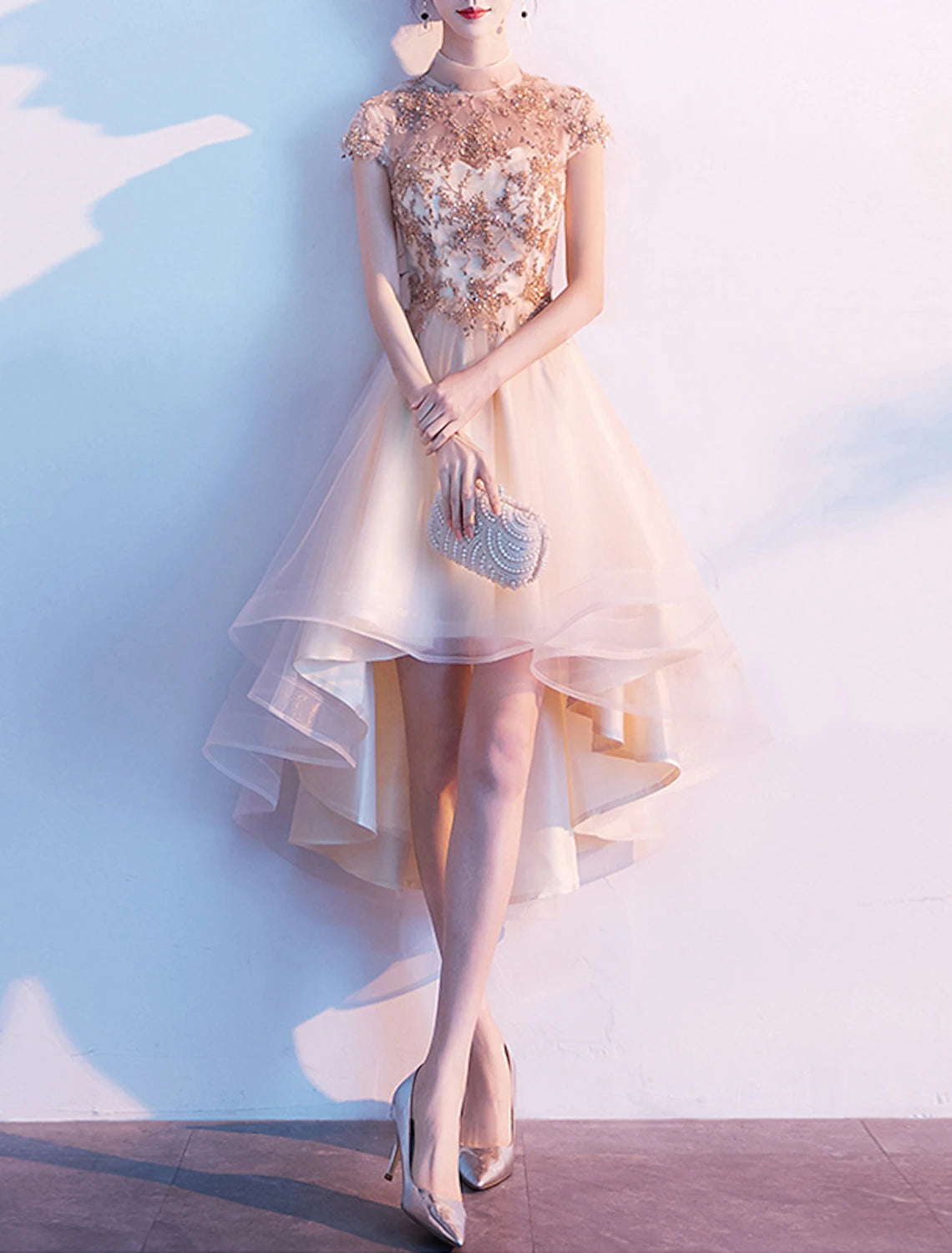Wholesale A-Line Cocktail Dresses Chinese Style Dress Wedding Guest Homecoming Asymmetrical Short Sleeve High Neck Tulle with Pleats Appliques